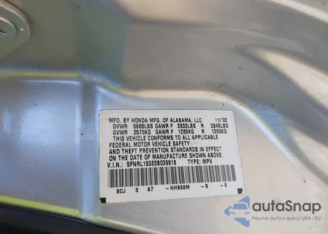 2003 Honda Odyssey Ex-L z USA, uszkodzony, nr VIN 5FNRL18083B039918